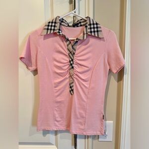 Burberry Pink Short Sleeve Top with Checkered Collar